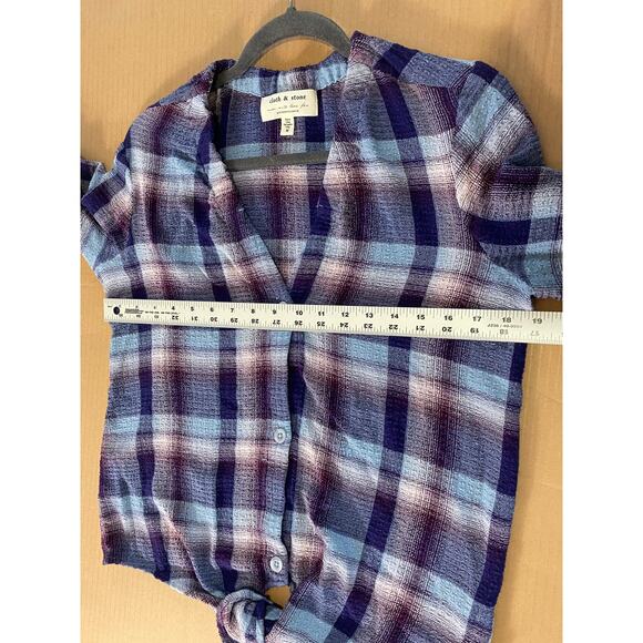 CLOTH & STONE TOP M PLAID TARTAN BLUE PURPLE SHIRT LONG SLEEVE COASTAL WESTERN - Picture 6 of 7